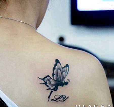 女生肩部花精灵纹身图案