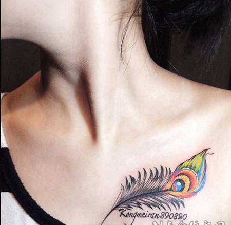 彩色的锁骨羽毛纹身图案