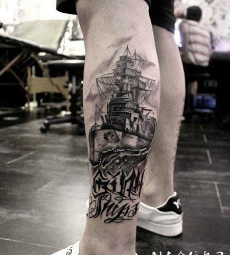 个性的小腿帆船纹身图片