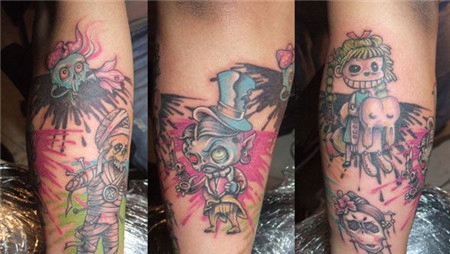 手臂上的Q版骷髅人纹身图案