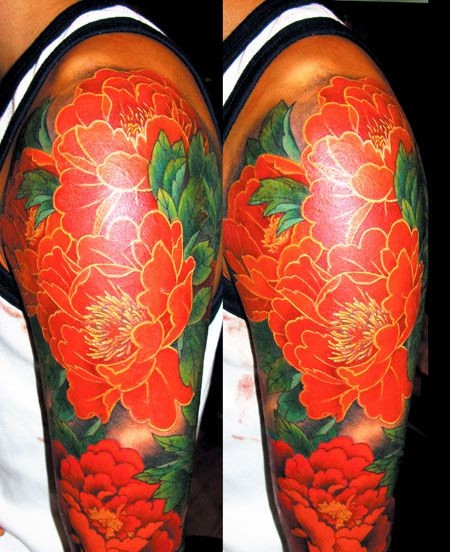 大臂国花牡丹花纹身图案