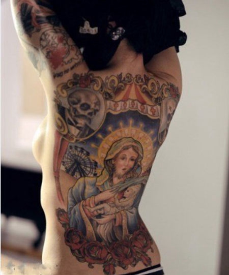性感美女满背圣母玛利亚纹身图案