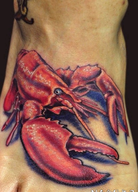脚背红色大龙虾纹身图片