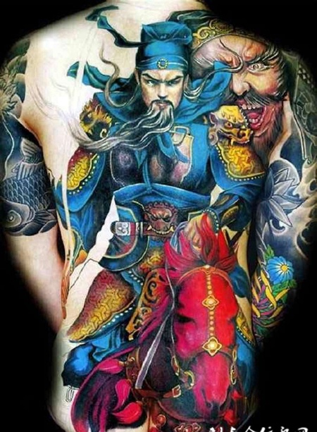 男生霸气彩色满背关公纹身图案大全