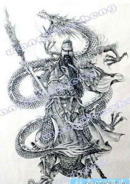 黑白图腾半甲关公纹身手搞图案