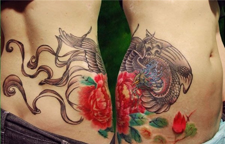 侧腰凤凰牡丹纹身图案