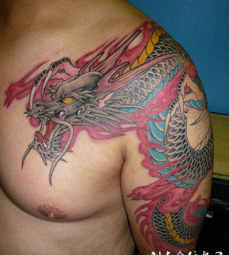 经典图腾半甲龙纹身图案大全