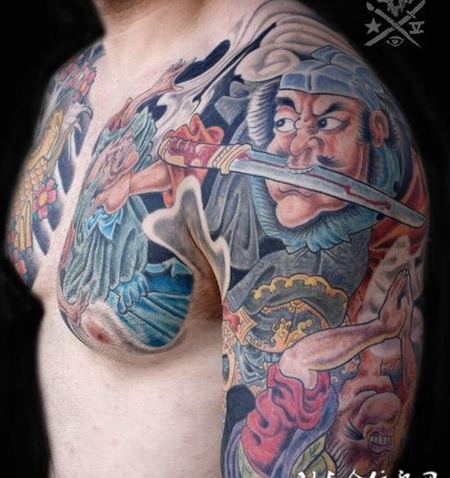 日式彩色半胛钟馗纹身图案