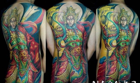 霸气彩色满背二郎神纹身图案欣赏