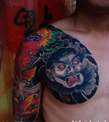 鲤鱼牡丹钟馗半甲纹身图案作品