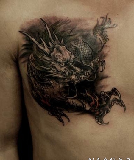 男生胸部烈火麒麟纹身图案大全