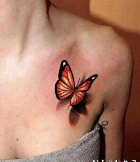 女生锁骨立体蝴蝶纹身图案