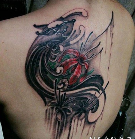 女人后肩时尚经典彼岸花纹身图案作品