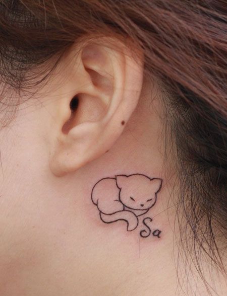 耳后小清新猫咪纹身图案