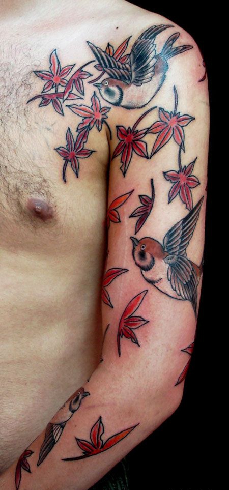 手臂枫叶归鸟纹身图案