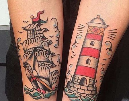 Old School小臂帆船灯塔纹身图案