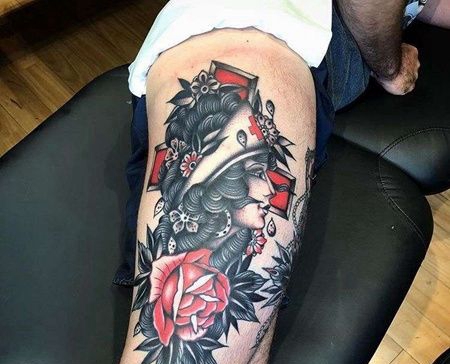 Old School大腿女人玫瑰纹身图案