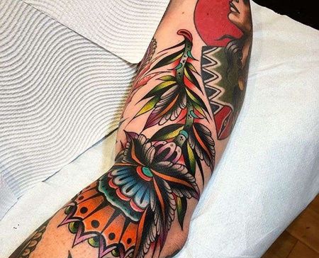 Old School腿花卉纹身图案