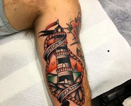 Old School大臂灯塔纹身图案