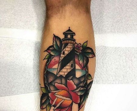 Old School小腿灯塔玫瑰纹身图案