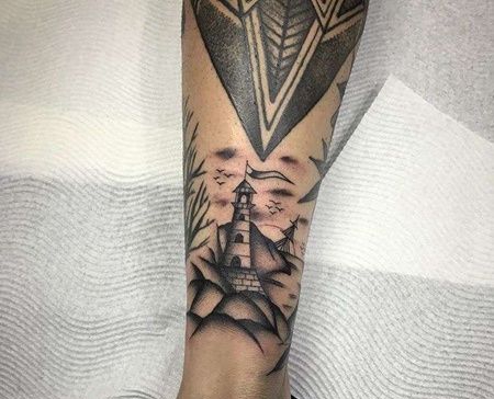 Old School小腿灯塔纹身图案