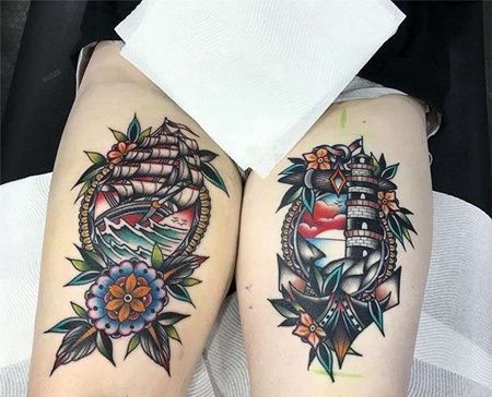 Old School大腿灯塔帆船纹身图案