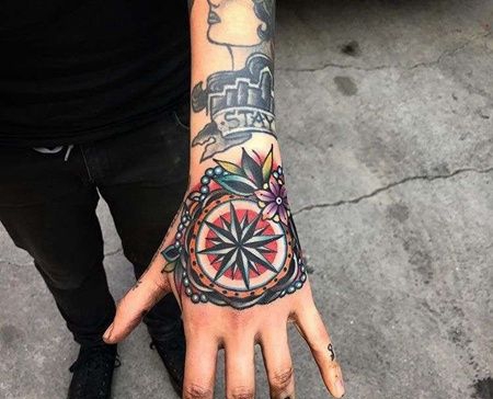Old School手背指南针纹身图案