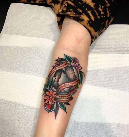 Old School小臂地球仪纹身图案