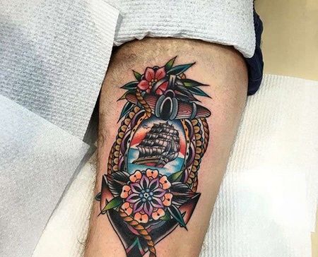 Old School小腿帆船船锚纹身图案