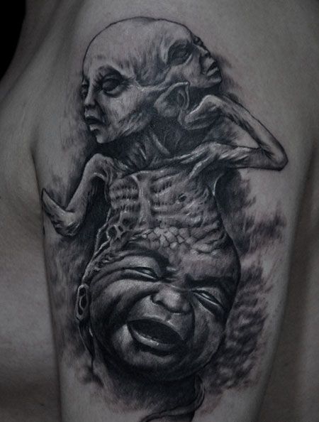 恐怖多头恶魔纹身图案