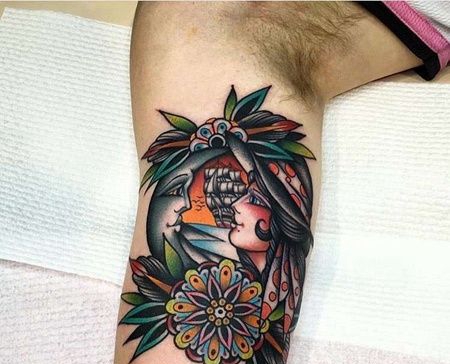 Old School大臂女人月亮纹身图案