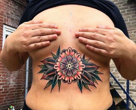 Old School腹部繁花纹身图案