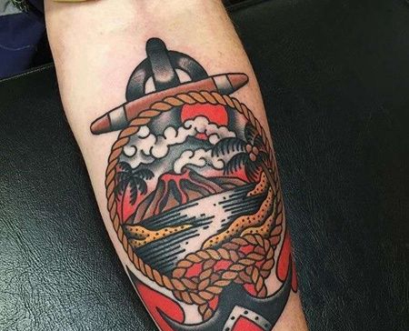 Old School小臂火山纹身图案