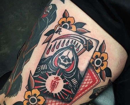 Old School大腿扑克纹身图案