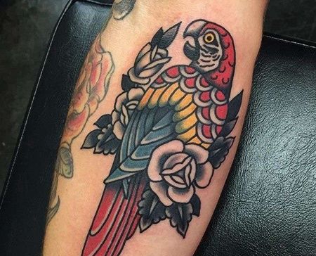 Old School小腿鹦鹉纹身图案