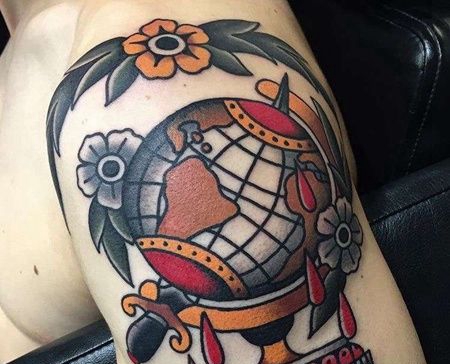 Old School大臂地球仪纹身图案