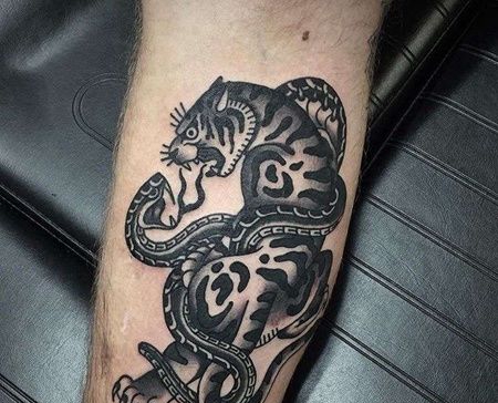 Old School小腿老虎蛇纹身图案