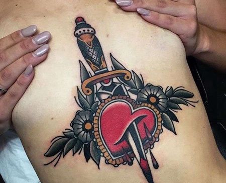 Old School腹部匕首心纹身图案