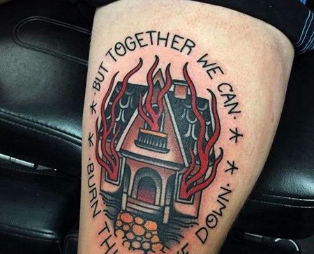 Old School大腿房子纹身图案