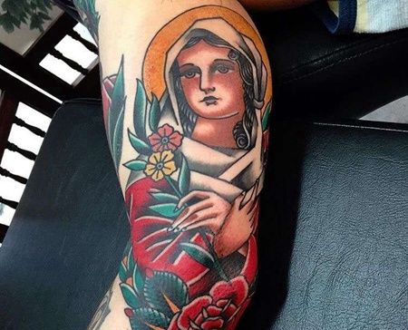 Old School腿女人玫瑰纹身图案