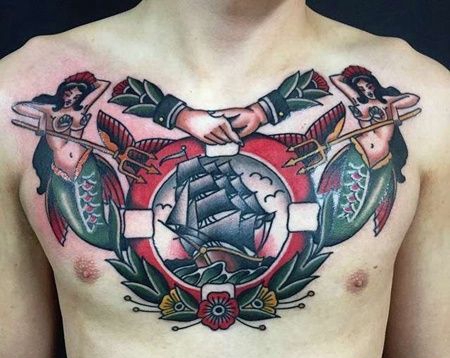 Old School前胸帆船美人鱼纹身图案