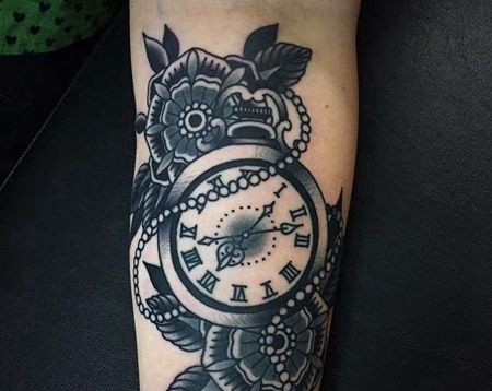 Old School小腿花卉钟表纹身图案