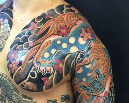 日式大臂前胸唐狮纹身图案