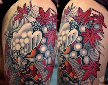 日式大腿唐狮纹身图案