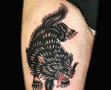 Old School大腿狼纹身图案