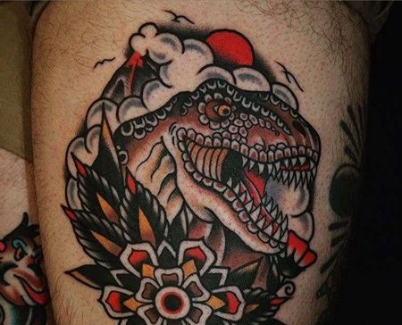 Old School大腿恐龙纹身图案