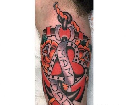 Old School大臂心船锚纹身图案