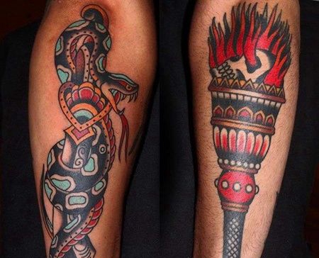 Old School小腿蛇弯刀火炬纹身图案