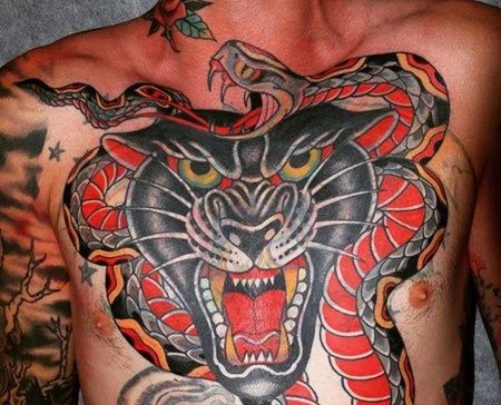 Old School前胸黑豹蛇纹身图案