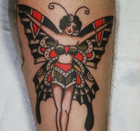 Old School小腿女人蝴蝶纹身图案